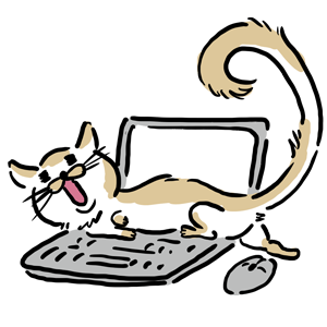 猫　ネコ　パソコン　ノートパソコン　テレワーク　リモートワーク　パソコンの上の猫　猫がパソコンに乗る　きもかわいい　病みかわいい　動物　動物イラスト　ゆるい　ゆるいイラスト　なおこさんのフリーイラスト　無料素材　フリーイラスト　アイコン　無料　イラスト　イラスト無料　無料イラスト